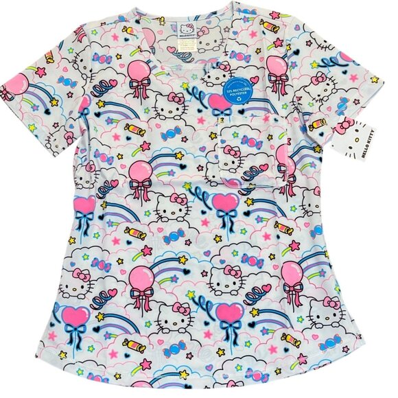 Hello Kitty Tooniforms Womens Scrub Top Size XS Rainbow White Pink Heath Care - Picture 1 of 12